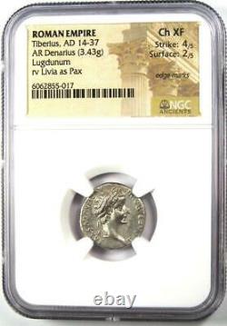 Tiberius AR Denarius Silver Tribute Penny Roman Coin 14-37 AD NGC Choice XF EF