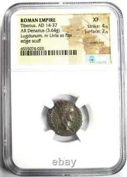 Tiberius AR Denarius Silver Tribute Penny Roman Coin 14-37 AD NGC XF (EF)