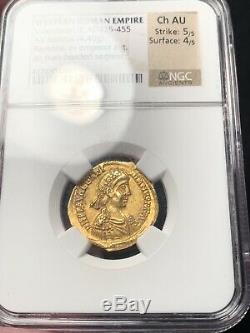 VALENTINIAN III, 425-455 Roman Empire Gold Solidus NGC Ch. AU 5/5, 4/5 Nice Coin