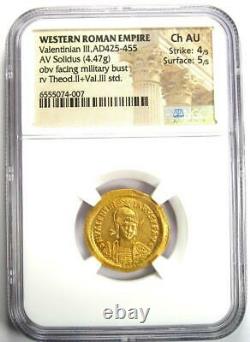 Valentinian III AV Solidus Gold Roman Coin 425 AD NGC Choice AU 5/5 Surfaces