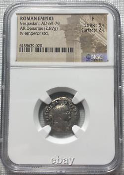 Vespasian, AD 69-79 Roman Empire AR Denarius Coin Graded NGC Fine Strike 5/5