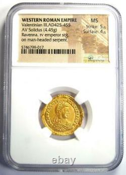 Western Roman Valentinian III AV Solidus Gold Coin 425-455 AD NGC MS (UNC)