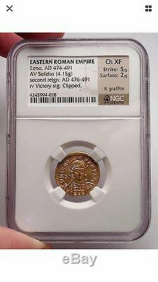 Zeno 476AD Authentic Roman NGC certified Ch XF Gold Solidus coin