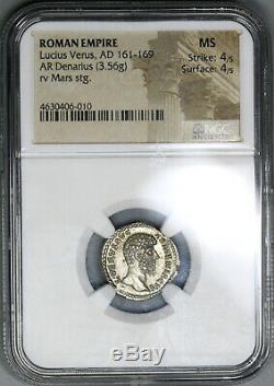 163 Lucius Verus Ngc Ms Empire Romain Denier Mars Mint État Coin (19060903c)