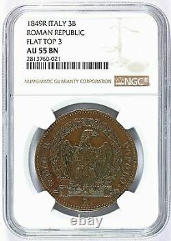 1849-r Italie République Romaine 3 Baiocchi Flat Top 3 Coin Ngc Au 55 Bn Km# 23.2