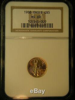 1988 $ 5 Gold Eagle, 1/10 Oz, Ngc Certifié Ms-69, Chiffres Romains -les Une Rare