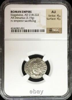 218 222 Ad Silver Empire Romain Denarius Elagabalus Sacrificing Coin Ngc Au