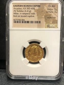 383-408 Empire Romain D'orient Ad Arcadius Gold Coin Av Oblique-milan-ngc Au