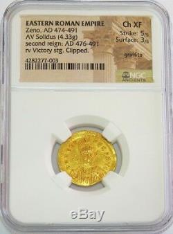 474-491 Ad Gold Empire Romain Oriental Zeno Solidus Pièce De La Victoire Ngc Choice Xf 5/3