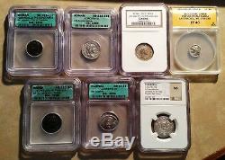7 Slabbed Monnaies Antiques Romains, Grecs, Parthia, Tabaristan