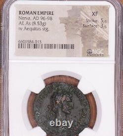 97 Ad Empereur Nerva Ancien Empire Romain Bronze Comme Pièce Ngc Xf Aequitas