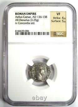 Aelius Caesar Ar Denarius Argent Pièce Romaine 136-138 Ad Ngc Vf 5/5 Surfaces