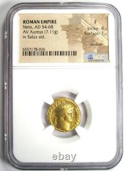Ancien Nero Romain Av Aureus Gold Coin 54-68 Ad Certifié Ngc Fine Rare