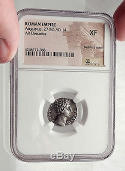 Augustus Rare 12bc Authentique Monnaie Romaine Ancienne En Argent Antique Capricorne Ngc Xf I62473