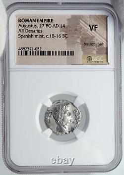 Augustus Vintage Antique Espagne Monnaie Argent Roman Denarius Pièce Mars Ngc I87722