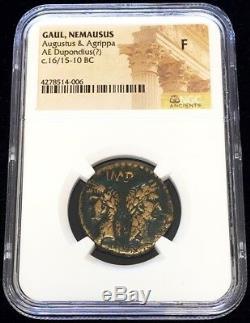 C. 16/15 -10 Bc Rome Gaule Nemausus Agustus & Agrippa Ae Dupondius Coin Ngc Beaux