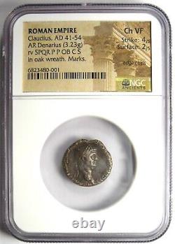 Claudius AR Denarius Pièce de monnaie romaine en argent 41-54 après J.-C. Certifié NGC Choice VF