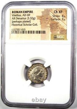 Denier AR de Vitellius, pièce de monnaie romaine antique de 69 après J.-C. Certifié NGC Choice XF (EF)