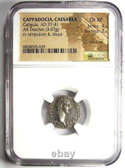 Drachme AR de Caligula, Cappadoce, Césarée, Argent, Monnaie de Gaius 37-41 après J.-C. NGC Choix XF