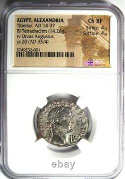Égypte Romaine Tibère Avec Auguste Ar Tetradrachm Coin 33 Ad Ngc Choice Xf