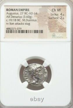 Empire Romain Augustus Denarius Lion Attaque Cerf Ngc Vf Pièce D’argent Antique