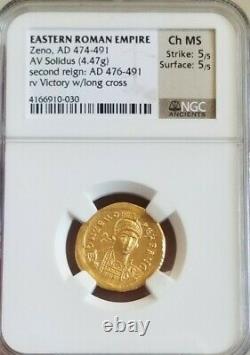 Empire Romain De L’est Zeno Solidus Ch Ms 5/5 Ngc Ancient Gold Coin