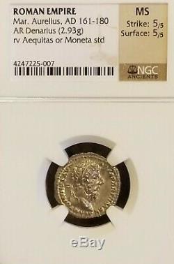 Empire Romain Marc-aurèle Densarius Ngc Ms 5/5 Ancient Silver Coin