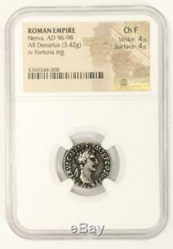 Empire Romain Nerva Argent Ar Denarius Coin 96-98 Ad Ngc Choix F Fortuna Ancient