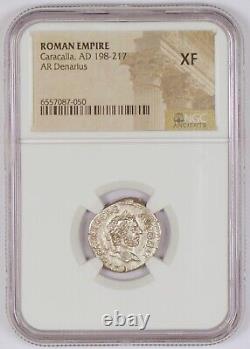 Empire romain 198-217 après J-C. Pièce en argent AR Denarius pour Caracalla, NGC Noté XF