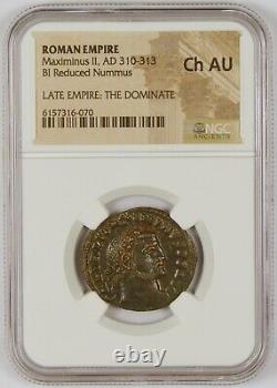 Empire romain 310-313 après J.-C. BI Pièce de monnaie Nummus réduite pour Maximinus II, classée NGC ChAU