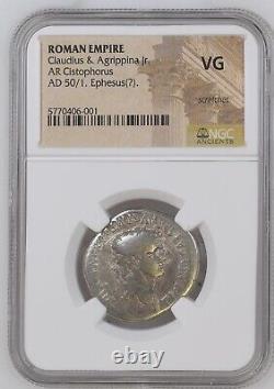 Empire romain Claudius et Agrippine Jr AR Cistophorus 50 après J.-C. Pièce NGC VG rare