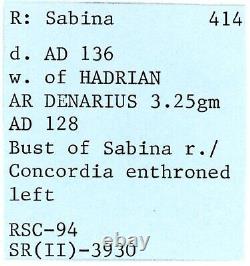 Empire romain Sabina AD 128-136/7 Denier AR NGC VF 015
