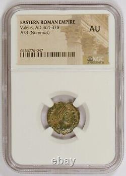 Empire romain d'Orient, 364-378 apr. J.-C., pièce ancienne de monnaie AE3 Nummus pour Valens, évaluée NGC AU.