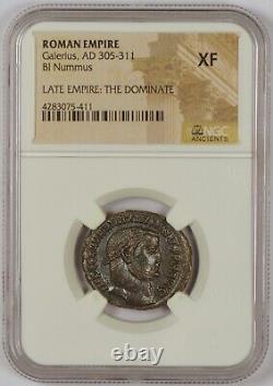 Empire romain de l'an 305 à 311, pièce de monnaie ancienne BI Nummus de Galère, classée XF par le NGC