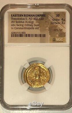 Est-empire Romain Germanique, Théodose II (402-450 Ad) Or Solidus Coin. Ngc Xf 4/3