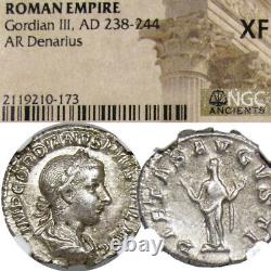 GORDIAN III. Pietas NGC Certifié XF RARE dans la pièce de monnaie Denarius de l'Empire romain RIC #129.
