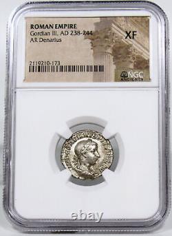 GORDIAN III. Pietas NGC Certifié XF RARE dans la pièce de monnaie Denarius de l'Empire romain RIC #129.