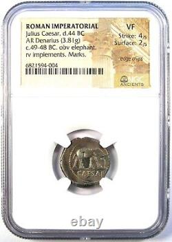 Jules César AR Denier Éléphant en argent Pièce romaine 49 av. J.-C. Certifié NGC VF