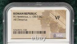 M. Herennius Roman Republic Ar Denarius, 108/7 Ngc Vf Pièce, Très Belle Ancienne