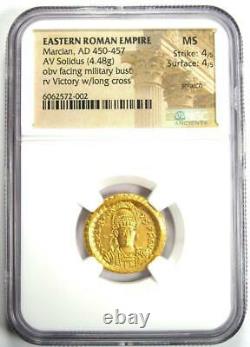 Marcian Gold Av Solidus Gold Roman Coin 450-457 Ad Certifié Ngc Ms (unc)