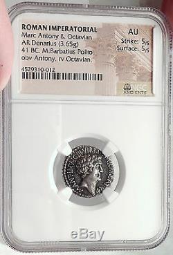 Mark Antony & Octavian -triumvirs 41bc Monnaie Argent Antique Romaine Ngc Au 5/5 5/5