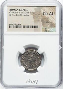NGC Ch AU Claudius II 268-270 AD Empire romain Bi Denarius Coin RARE LEFT FACING  
 <br/>	

 	

<br/>
(Note: 'NGC Ch AU' refers to the coin's grade and certification by Numismatic Guaranty Corporation, and '268-270 AD' refers to the reign of Emperor Claudius II in the Roman Empire.)
