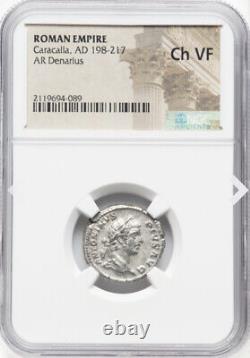 NGC Ch VF Caracalla 198-217 AD, pièce de monnaie en denier de l'Empire romain, MARS LEGIONNAIRE
