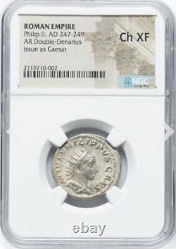 NGC Ch XF Empire romain Philippe II Arabe 247-249 apr. J.-C. Pièce en argent Double Denier