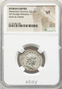 NGC VF Herennius Etruscus AD 251, AR Double Denarius, Pièce d'argent de l'Empire romain