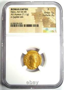 Nero Av Aureus Gold Ancient Roman Coin 54-68 Ad. Certifié Ngc Fine 5/5 Strike