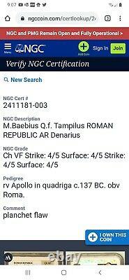 Ngc Anciens137 Bc Pièce D'argent République Romaine Denarius Baebius Tampilus Apollo