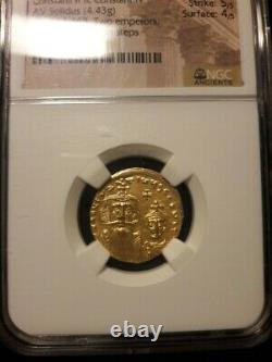 Ngc Byzantine Empire Ad 654-668 Gold Coin Ms 5/5 4/5 Eastern Roman Two Emperors