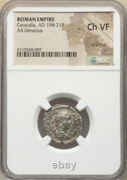 Ngc Ch Vf Empire Romain Caracalla 198-217 Ad Rome Denarius Pièce D'argent, Rare