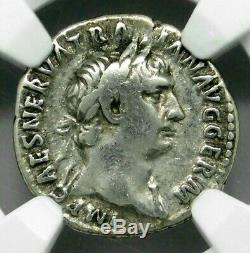 Ngc Vf. Trajan 98-117 Après Jc. Rare Denarius Silvering. Pièce D'argent Romaine Antique